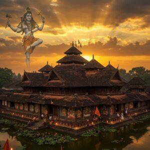 A majestic aerial view of Ettumanoor Mahadeva Temple during golden sunset, its traditional Kerala architecture with multiple copper-sheeted roofs rising dramatically against a mystical sky filled with soft orange and purple clouds. The main shrine, adorned with intricate wooden carvings and gold-plated flagstaff, stands prominently. In the foreground, a larger-than-life, photorealistic Lord Shiva in dancing pose with four arms, holding damaru and trident, emerges as a semi-transparent divine form above the temple. The temple pond reflects the golden sky, with blooming lotus flowers. Ornate Malayalam-style mural paintings in rich earth tones decorate the temple walls, featuring scenes from Shiva Purana. Divine light rays pierce through clouds, illuminating the temple structure. The scene combines hyperrealistic digital art with traditional Kerala temple architecture style, featuring detailed textures of ancient wood, copper, and stone work. Small oil lamps create a warm glow around the temple premises, while devotees in traditional Kerala attire can be seen performing pradakshina around the temple in soft focus.