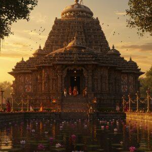 A majestic ancient stone temple with intricate Kalinga architecture rising against a golden sunset sky, featuring detailed carved sculptures and ornate spires. The temple's main entrance showcases elaborate doorways with traditional Odishan motifs and patterns. In the foreground, a serene water body reflects the temple's image, surrounded by blooming lotus flowers in soft pink and white. The scene is illuminated by warm, ethereal light creating a mystical atmosphere. Traditional oil lamps and brass bells line the temple steps, their soft glow creating dancing shadows. The temple walls feature detailed Madhubani-style artwork depicting scenes from Hindu mythology in deep maroon, saffron, and peacock blue colors. Gentle wisps of incense smoke curl through the air, adding to the spiritual ambiance. The surrounding landscape shows ancient banyan trees with hanging roots, while devotees in traditional Odishan attire circumambulate the temple. The art style combines photorealistic architecture with ethereal lighting and traditional Indian artistic elements, 8k resolution, cinematic composition, hyper-detailed, octane render.