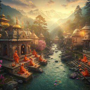 A mystical aerial view of the Himalayas at dawn, with golden sunlight breaking through misty clouds, illuminating ancient stone temples nestled in the mountains. In the foreground, a serene ashram complex with traditional Nagara architecture style, adorned with intricate Sanskrit carvings and brass bells. A flowing river with crystal-clear waters winds through the scene, its banks dotted with blooming rhododendrons and deodar trees. Several sadhus in saffron robes meditate on riverside platforms, surrounded by soft, glowing diyas and floating lotus flowers. The scene features ethereal elements like floating mandalas, wispy smoke from sacred fires, and glimpses of snow-capped peaks in the background. The color palette combines deep maroons, saffron oranges, and celestial blues with touches of gold leaf accents. Multiple small shrines with shikhara tops create a harmonious skyline, while prayer flags flutter in the mountain breeze. Art style combines photorealistic architectural details with dreamy, spiritually-influenced digital art elements, emphasizing both grandeur and serenity.