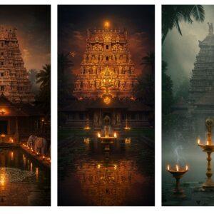 A majestic triptych composition featuring three ancient Kerala-style temples with distinctive copper-plated gopurams, surrounded by lush coconut groves and spiritual symbolism. The central panel shows the grand Ettumanoor temple with Lord Shiva's cosmic dance pose, illuminated by golden divine light. The left panel depicts Vaikom temple's serene architecture reflecting in still waters, with traditional oil lamps creating a mystical glow. The right panel showcases Kaduthuruthy temple amidst morning mist, with rays of sunlight filtering through. Traditional Kerala elements like elephants adorned with golden nettipattam, intricate kolam patterns, and brass deepastambhas frame the scene. The art style combines traditional Malayali mural art techniques with modern digital aesthetics, using rich colors like deep maroon, forest green, and burnished gold. Ethereal floating lotus flowers, glowing mandalas, and wisps of sacred incense smoke connect the three temples visually. The lighting creates a divine atmosphere with soft golden highlights and deep shadows, suggesting early morning sanctity. Highly detailed architectural elements showcase the Kerala temple architecture style, with intricate wooden carvings and stone sculptures.