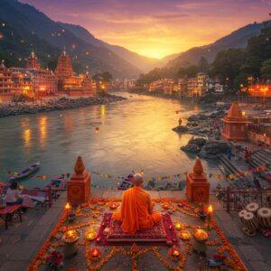 A mystical aerial view of Rishikesh at dusk, featuring the sacred Ganges River flowing like liquid gold through the landscape. In the foreground, a serene Indian yogi in saffron robes meditates on a decorated wooden platform adorned with marigolds and lotus flowers. The background showcases ancient temples with intricate Madhubani-style details, hidden waterfalls, and lush green forests. The sky features a blend of deep purples and oranges with floating lanterns creating a magical atmosphere. Small groups of travelers and locals interact near traditional cafes and ashrams painted in vibrant colors. The scene includes subtle details like smoking incense, prayer flags fluttering in the wind, and musical instruments like sitars and tablas placed near the riverbank. The art style combines photorealistic elements with ethereal Indian art patterns, creating a dreamy yet authentic atmosphere. The lighting emphasizes the golden hour glow, with soft highlights on the river and temple spires.