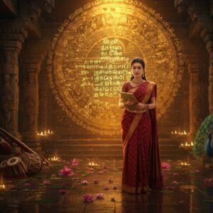 A majestic scene depicting an ancient Tamil court set in a grand hall with intricately carved stone pillars adorned with traditional Tamil motifs and peacock designs. In the center, an ethereal female Tamil poet dressed in a rich maroon silk saree with gold border stands elegantly, holding a palm leaf manuscript. Behind her, a dreamlike visualization shows flowing Tamil letters transforming into scenes of nature - mountains, rivers, love, and war - key themes of Sangam literature. The background features a massive golden mandala with Madhubani-style patterns incorporating Tamil architectural elements. Soft glowing orbs of light in shades of saffron and peacock blue illuminate the scene. The foreground shows scattered lotus flowers, symbolic of the eight anthologies, floating on a reflective surface. Traditional musical instruments like yazh and mridangam rest beside classical dance mudras carved in stone. The lighting is warm and mystical, creating a bridge between ancient wisdom and modern aesthetics. The scene is rendered in a style blending traditional Pattachitra art with contemporary digital sophistication.