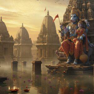 A majestic manifestation of Lord Varaha in His divine form, with blue-hued skin, boar face with ornate golden crown, four arms holding Sudarshana Chakra, conch shell, mace, and lotus, standing protectively with Mother Earth (Bhudevi) gracefully seated on His left arm. The scene is set in an ancient, partially submerged temple with intricate Dravidian architecture, featuring detailed stone carvings and weathered pillars emerging from misty waters. Multiple smaller, lesser-known Varaha temples appear as ethereal silhouettes in the background, each uniquely designed. The foreground shows scattered lotus flowers and traditional oil lamps floating on the water surface, creating golden reflections. The lighting is mystical with warm golden rays filtering through morning mist, illuminating the ancient stone structures. Intricate Madhubani-style patterns adorn the temple walls, while the sky features subtle mandala patterns in deep saffron and peacock blue. The overall composition carries a serene, spiritual atmosphere with a blend of hyperrealistic detail and ethereal Indian artistic elements.