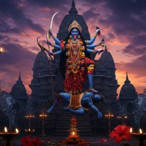 A majestic, ethereal depiction of Goddess Kali standing atop Lord Shiva in her traditional form - deep blue-skinned, wearing a garland of skulls, four arms holding a sword (upper right), severed head (upper left), lotus (lower right), and abhaya mudra (lower left). Her long, wild black hair flows dramatically, decorated with serpents and crescents. She wears a red silk saree with gold border, her tongue characteristically extended. Behind her rises a magnificent ancient stone temple with intricate Bengali architecture, its spires reaching into a mystical twilight sky filled with swirling purple and indigo clouds. The temple walls feature detailed Madhubani-style carvings of divine feminine symbols. In the foreground, brass temple bells and red hibiscus flowers frame the scene, with delicate trails of incense smoke creating ethereal patterns. Soft, golden light emanates from oil lamps, creating a warm glow against the temple's dark stone. The entire scene combines hyperrealistic detail with surreal, spiritual elements, using a color palette of deep blues, rich reds, burnished gold, and mystical purples.