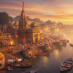 A majestic aerial view of Varanasi's ghats at dawn, with the iconic Kashi Vishwanath Temple's golden spires prominently featured in intricate Nagara architecture style. The temple emanates a divine golden aura against a ethereal sky painted in deep oranges and purples. Multiple stone steps leading to the holy Ganges River, adorned with detailed Madhubani-style patterns. Floating diyas and flower petals create luminous patterns on the gentle ripples of the river. Sacred cows draped in marigold garlands, sadhus in saffron robes, and devotees performing morning rituals add life to the scene. Ornate bells, intricate mandalas, and Sanskrit symbols are carved into temple walls. Wisps of incense smoke create mystical swirls in the air. The scene is rendered in a harmonious blend of traditional Indian art and modern digital aesthetics, with rich jewel tones of maroon, peacock blue, and burnished gold. Soft morning mist adds depth and mystery, while detailed architectural elements showcase the grandeur of ancient Hindu temple architecture.