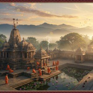 A serene aerial view of Kashipur at dawn, with the majestic Himalayan foothills in the background shrouded in mystical morning mist. In the foreground, an ancient stone temple complex with intricate Nagara architecture style, its spires decorated with ornate carvings and golden kalash. The temple courtyard features a large sacred pool reflecting the sunrise, surrounded by blooming lotus flowers. A group of sadhus in saffron robes perform morning rituals near the temple steps. Soft rays of sunlight filter through the trees, creating divine light beams. The scene includes detailed Madhubani-style border elements featuring peacocks, lotus motifs, and traditional geometric patterns in deep maroon and peacock blue. The atmosphere is ethereal with swirling spiritual energy portrayed through glowing golden particles and subtle mandalas in the sky. Small streams of incense smoke add to the mystical ambiance. The overall composition balances traditional architecture with surreal, spiritual elements in a modern digital art style with rich textures and atmospheric lighting.