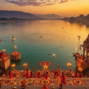 A breathtaking aerial view of Har Ki Pauri ghat at twilight, with the sacred Ganga River flowing in mesmerizing swirls of turquoise and gold. The ancient stone steps descend into the illuminated waters, dotted with hundreds of glowing diyas creating a constellation of warm lights. In the foreground, detailed architectural elements of traditional Indian temples with intricate Nagara-style spires and carved pillars. The scene features devotees in traditional Indian attire performing aarti with brass lamps, their silhouettes casting long shadows. The background showcases the majestic Himalayas in deep purple hues, with the setting sun creating a mystical orange-gold gradient in the sky. Floating marigold flowers and rose petals scatter across the water surface, creating patterns that merge with the reflections of the temple lights. The art style combines photorealistic elements with ethereal digital painting techniques, emphasizing golden hour lighting and atmospheric perspective. Mandala patterns subtly woven into the clouds and water reflections, with a soft spiritual glow encompassing the entire scene. Highly detailed, cinematic composition with depth of field focusing on the ghat's sacred steps.