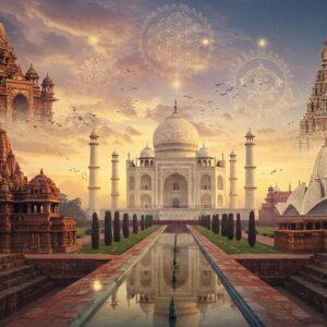 A grand panoramic composition featuring iconic Indian architectural marvels seamlessly blending into each other through golden sacred geometry patterns. The Taj Mahal stands prominently in the center, its pristine white marble structure glowing with ethereal light, reflecting in a serene pool. To its left, the intricately carved Khajuraho temples rise with detailed sculptures and spires, while the modern glass-and-steel structure of Lotus Temple in Delhi emerges to the right. The foreground showcases the step wells of Chand Baori with its mesmerizing geometric patterns. Above, the massive gopuram of Meenakshi Temple soars with its colorful sculptural details. The sky features a magical sunset with soft pastels of pink and orange, with floating mandalas and traditional Madhubani patterns. Ancient Sanskrit architectural drawings and golden sacred geometry lines float ethereally, connecting all structures. The scene is rendered in a style blending hyperrealistic architectural detail with mystical Indian art elements, featuring rich jewel tones of peacock blue, royal gold, and deep maroon. Soft glowing orbs of light and translucent lotus petals float throughout the scene, adding a spiritual dimension.