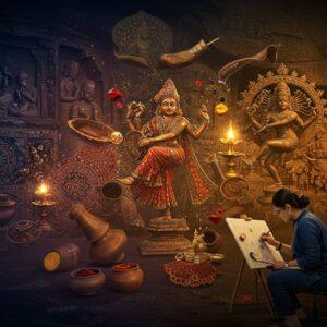 A grand, richly detailed collage-style composition showing three distinct layers merging seamlessly: foreground featuring a hyper-realistic modern Indian artist working on a canvas, middle layer showing a Mughal-era miniature painter with intricate gold leaf details, and background displaying ancient cave painters at Ajanta. The modern artist wears contemporary Indian attire in deep indigo. The scene is illuminated by warm golden light from the right, casting dramatic shadows. Multiple art styles float ethereally around them: Madhubani patterns in vibrant peacock blues and maroons, Tanjore-style gold relief work, Bengal school watercolors in earth tones, and contemporary abstract forms. Mystical threads of gold light connect all elements. Paintbrushes, traditional natural pigments, and modern art tools float weightlessly. The composition includes iconic elements: dancing Nataraja bronze sculpture, geometric Kolam patterns, and flowing Kashmir shawl motifs. The style combines photorealistic rendering with surreal, floating elements and traditional Indian art aesthetics. The color palette features deep jewel tones: royal blue, burgundy, gold, and saffron, with subtle gradient transitions. Soft glowing orbs of light illuminate different art periods, creating depth and dimension.