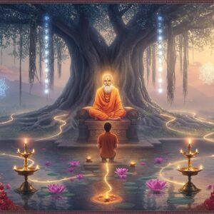 A serene Indian spiritual scene with a young seeker in modern clothing kneeling before an enlightened guru seated in padmasana on a carved stone platform. The guru, dressed in saffron robes with gray flowing beard, radiates a soft golden aura. Behind them, a massive ancient banyan tree with hanging roots creates a natural mandala pattern, each root glowing with ethereal blue light. Floating crystal-like sacred geometry patterns and mandalas in pastel colors surround them. The scene is set during sunrise, with soft rays filtering through morning mist. In the foreground, brass diyas float on a reflective pool scattered with pink lotus flowers. Traditional Madhubani-style peacocks and flowers adorn the borders, rendered in deep maroon and peacock blue. The lighting is dreamy and otherworldly, with hints of gold and purple in the atmosphere. Multiple paths made of glowing light converge toward the guru, symbolizing different spiritual journeys. The art style combines hyperrealism with ethereal Indian traditional art elements, creating a mystical yet contemporary aesthetic. The overall mood is peaceful and transformative, with subtle details like incense smoke forming wisdom symbols in the air.