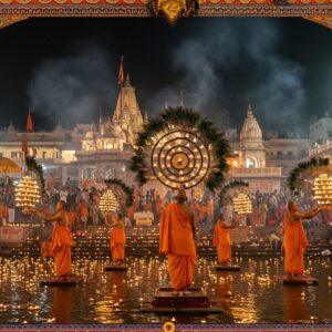 A mesmerizing nighttime scene at Har Ki Pauri ghat in Haridwar, with seven priests in saffron robes performing synchronized Ganga aarti with large brass multi-tiered lamps adorned with peacock feathers, creating golden circular patterns against the dark sky. The holy Ganges river reflects countless floating diyas, creating a mirror of stars on the water. The ancient stone steps of the ghat are illuminated by warm orange lamplight, where devoted pilgrims in traditional Indian attire are seated. Intricate Madhubani-style patterns frame the scene, featuring lotus motifs and sacred symbols in gold and deep blue. The background shows the illuminated temples with their ornate architecture. Smoke from incense creates ethereal swirls in the air, catching the golden light. The atmosphere is mystical with a soft, divine glow emanating from the ceremony. Art style combines photorealistic elements with traditional Indian art patterns, emphasizing the spiritual ambiance through lighting and composition. Dominant colors are deep indigo blue, saffron orange, and burnished gold, with accents of crimson and turquoise.