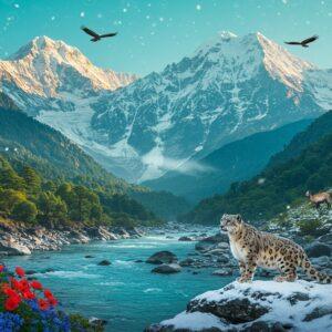 A majestic snow leopard perched gracefully on a snow-dusted rock outcrop in the foreground, against the backdrop of towering Himalayan peaks of Gangotri, rendered in deep blues and pristine whites. The scene features the sacred Bhagirathi River flowing through the valley, its crystal-clear waters gleaming with ethereal blue light. The landscape is dotted with vibrant Himalayan flora - blue poppies, rhododendrons in deep reds, and sacred Brahma Kamal flowers in mystical white. Dense cedar and birch forests cover the lower slopes in rich emerald greens. A pair of Himalayan griffon vultures soar overhead in the turquoise sky, while a small herd of bharal (blue sheep) graze on a distant slope. The scene is illuminated by golden sunrise light creating a dramatic interplay of shadows and highlights on the snow-capped peaks. The art style combines hyperrealistic nature photography with ethereal Indian miniature painting techniques, featuring intricate details in the flora and subtle mandala patterns in the sky. Atmospheric elements include swirling mists around the peaks and light snow crystals catching the morning light.