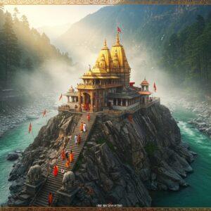 A majestic aerial view of Garjiya Devi Temple perched atop a large rocky hill, surrounded by the emerald waters of Kosi River in Uttarakhand. The temple architecture features intricate North Indian temple design with golden spires and red flags fluttering in the wind. Mystical morning mist surrounds the temple, with soft sunrays breaking through, creating a divine atmosphere. In the foreground, devotees in traditional attire climb the ancient stone steps. The scene includes detailed elements like stone elephants guarding the temple entrance, sacred bells, and floating diyas in the river below. The surrounding landscape shows dense pine forests and the distant snow-capped Himalayas. The art style combines hyperrealistic digital rendering with traditional Pahari painting influences, featuring rich colors like deep maroon, saffron, and gold. Ethereal light effects create a spiritual ambiance, with subtle mandala patterns in the sky. The overall composition emphasizes the temple's grandeur and sacred significance while maintaining photorealistic quality.
