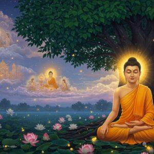 A serene nighttime scene showing a young Prince Siddhartha in a moment of enlightenment, seated in padmasana under the sacred Bodhi tree. He wears simple saffron robes with intricate golden patterns on the edges. His face radiates peace with a subtle golden aura surrounding him. The Bodhi tree's leaves are rendered in rich emerald green with scattered moonlit highlights, each leaf detailed with traditional Madhubani patterns. In the background, multiple ethereal scenes float like gentle visions - a royal palace representing his past life, the four sights (old man, sick person, corpse, and ascetic) that led to his awakening, and the Middle Path symbolized by a golden bridge. The ground is scattered with lotus flowers in various stages of bloom, their petals displaying soft pink to white gradients. Floating diaphanous clouds in pastel purples and blues create a dreamlike atmosphere. The lighting is predominantly moonlit with subtle warm golden highlights. The art style combines hyperrealistic digital rendering with traditional Indian art motifs, creating a surreal yet deeply spiritual atmosphere. Multiple small glowing orbs of light, like fireflies, illuminate the scene, representing the spread of Buddhist dharma across the world. The Buddha's expression is deeply peaceful, with half-closed eyes and a subtle smile, rendered in a realistic style while maintaining divine serenity.