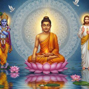 A serene panoramic composition showcasing Gautama Buddha in the center, seated in Padmasana on a blooming lotus platform, emanating a soft golden aura. He wears simple saffron robes with intricate Madhubani-style patterns. To his left, Krishna stands with his divine flute, skin in deep blue, wearing a peacock-feathered crown and yellow dhoti with elaborate patterns. To his right, Jesus in white robes with a subtle halo. Behind them, a large circular mandala in white and gold creates a unifying backdrop, with sacred geometry patterns incorporating symbols from different faiths - the Dharma wheel, Cross, and Om symbol. The foreground features peaceful water reflecting their images, with lotus flowers in various stages of bloom. Soft ethereal light bathes the scene in a peaceful glow, with gentle swirls of incense smoke creating mystical patterns. The art style combines hyperrealistic facial features with traditional Indian artistic elements, rendered in a modern digital aesthetic. The color palette includes deep royal blues, warm golds, soft whites, and touches of saffron orange. Small doves fly in the background symbolizing peace and unity.