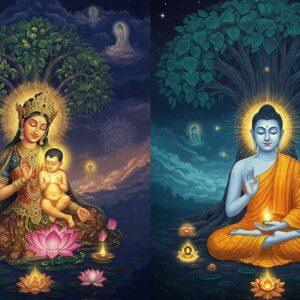 A serene nighttime scene showing two interconnected moments: On the left, Queen Maya dreaming under a sala tree, with baby Buddha emerging from her right side, surrounded by divine golden light and celestial flowers. On the right, the enlightened Buddha in padmasana under the Bodhi tree, eyes closed in deep meditation, with a subtle golden aura. His face shows perfect serenity, wearing saffron robes with intricate Madhubani-style patterns. The Bodhi tree's leaves are detailed in Pattachitra style, each leaf containing tiny mandalas. A soft blue-purple cosmic energy connects both scenes, with floating lotus flowers and light orbs. The background features ethereal pastel clouds and subtle celestial beings. Multiple rings of glowing mandalas frame both scenes. The art style combines hyperrealistic rendering with traditional Indian artistic elements, featuring a color palette of deep indigos, soft golds, peaceful teals, and warm saffron. Both scenes are illuminated by divine light from above, creating dramatic shadows and highlighting key elements. Intricate patterns and motifs from Buddhist iconography float in the space between the scenes.