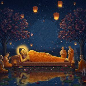 A serene nighttime scene depicting the Mahaparinirvana of Gautama Buddha lying peacefully on his right side between two sal trees in full bloom, their flowers gently falling. Buddha wears saffron robes with intricate gold patterns, his face radiating divine calm with a subtle golden aura. His disciples, depicted in traditional robes with expressions of deep reverence, surround him in varying states of meditation and prayer. The scene is illuminated by ethereal moonlight and floating lotus-shaped lanterns casting a soft, otherworldly glow. In the background, a large mandala pattern in shades of deep blue and gold emerges from the starlit sky, symbolizing the dharma wheel. The foreground features scattered offering flowers, burning incense with wispy smoke trails, and perfectly still water reflecting the scene. The art style merges traditional Pattachitra techniques with modern digital art, using a palette of deep midnight blues, soft gold, saffron, and subtle purples. Ethereal light particles float through the air, creating a mystical atmosphere. The overall composition should evoke feelings of peace, transcendence, and spiritual enlightenment.