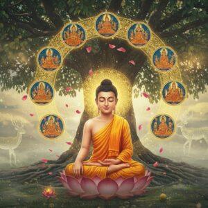 An ethereal scene depicting young Gautama Buddha in meditation posture, seated on a blooming lotus platform under the sacred Bodhi tree. He wears a simple saffron robe with intricate Madhubani-style patterns. His face bears a serene expression with elongated earlobes, half-closed eyes, and the distinctive urna mark on his forehead. The Bodhi tree's leaves shimmer with golden light, creating a mandala pattern in the background. Eight small vignettes float around him in a circular arrangement, each representing the Noble Eightfold Path through symbolic imagery. The scene is bathed in soft, celestial light with floating lotus petals and gentle swirls of spiritual energy. Ethereal deer graze peacefully in the background, representing his first sermon at Sarnath. The color palette combines deep saffron, peaceful blues, and gentle gold accents. The art style merges hyperrealistic digital rendering with traditional Indian Pattachitra patterns, creating a modern yet culturally authentic visualization. Atmospheric mist adds depth and mystery to the scene.