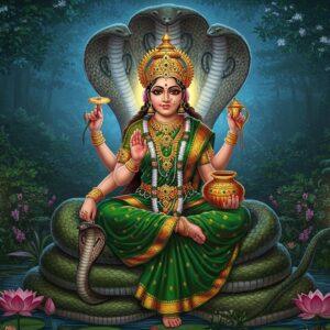 A majestic portrait of Goddess Mansa Devi seated on a coiled serpent throne, wearing a rich emerald green silk saree with gold border. Her four arms hold a snake, a lotus, a water pot, and the fourth in abhaya mudra. Her face is serene with large almond eyes, adorned with a golden crown featuring intricate snake motifs. She wears traditional Indian jewelry including snake-shaped bangles and a serpentine necklace. Behind her is a large, glowing mandala in deep blues and golds, surrounded by floating cobra hoods. The background features a mystical forest with sacred neem trees and blooming night-jasmine flowers. Soft ethereal light illuminates the scene, creating a divine aura. The art style combines traditional Madhubani patterns in the details with modern digital aesthetics, using a color palette of emerald green, royal blue, gold, and crimson. Several smaller snakes peacefully surround her feet, and lotus flowers float in a serene pond below her throne. The overall composition emphasizes her role as the snake goddess while maintaining a powerful yet benevolent presence.
