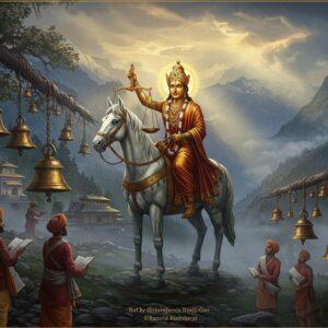 A majestic bronze statue of Golu Devata riding a white horse through misty Kumaon mountains, wearing traditional Kumaoni attire with a golden crown and holding scales of justice in his right hand. The deity is surrounded by thousands of brass bells hanging from ancient deodars, creating a mystical atmosphere. In the foreground, devotees are offering written petitions and brass bells. The scene features a dramatic interplay of light, with divine rays breaking through mountain clouds, illuminating the deity. The background showcases the magnificent Himalayan peaks with traditional Kumaoni architecture visible in the valleys. The color palette combines deep maroons, royal blues, and burnished gold, with ethereal mist effects. The art style merges traditional Pahari painting techniques with modern digital art, incorporating intricate patterns of local Kumaoni folk art. The overall composition creates a sense of divine justice and spiritual power, with subtle golden mandala patterns in the sky.