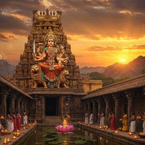 An ancient South Indian temple complex with intricate Dravidian architecture, featuring a golden-hued main gopuram adorned with detailed sculptures and traditional motifs. The temple's entrance shows the majestic form of Goddess Chamundeshwari, seated on her lion vahana, with eight arms holding traditional weapons - sword, trident, chakra, conch, bow, shield, lotus, and blessing mudra. Her face radiates divine serenity with a golden crown adorned with precious stones. The background features mystical mountains of Channapatna at sunset, casting a warm orange glow. The foreground shows devotees in traditional Karnataka attire offering prayers with lit deepas creating a spiritual ambiance. Ornate stone pillars with carved elephants and peacocks line the path. Sacred lotus pond reflects the temple's magnificence. Ethereal light rays pierce through clouds, illuminating the scene. Style combines Hoysala architecture details with modern digital art techniques, emphasizing rich colors like deep maroon, gold, and peacock blue. Mandala patterns and yantra designs float subtly in the air, adding a mystical dimension.