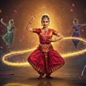 A mesmerizing Indian classical dancer in a vibrant crimson and gold Bharatanatyam costume, captured mid-movement with perfect tribhanga pose, her hands forming precise mudras. Her face shows serene expression with traditional temple jewelry, including nethichutti, jimiki, and sun-shaped surya patta. Behind her, three ethereal silhouettes perform Kathak, Odissi, and Kuchipudi in graduated transparency, each in different colored costumes (emerald, royal blue, and deep purple). The background features a grand, glowing mandala pattern in gold and copper tones, with intricate Madhubani-style peacock motifs. Floating lotus petals and swirling golden light trails follow the dancer's movements. The scene is set in a mystical space with marble floor reflecting soft, diffused lighting. Multiple golden bells and ghungroos create a decorative border, with flowing silk ribbons in pastel hues. The artwork style merges hyperrealistic digital rendering with traditional Indian art patterns, emphasizing dynamic movement and grace. Atmospheric lighting creates a divine, ethereal mood with soft gradient from warm gold to deep blue.