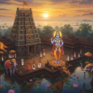 A majestic aerial view of Guruvayur Temple during sunrise, with golden rays illuminating its traditional Kerala architecture, featuring the distinctive four-sided golden dhwaja-stambham (flagstaff) in the foreground. The main temple structure shows intricate Dravidian architectural details with rich wood carvings and copper-plated roofing. Krishna's divine form as Unnikrishnan stands in the center, portrayed in traditional tribhanga pose with butter in hand, adorned with fresh tulsi garlands and ornate golden jewelry. The scene is surrounded by sacred elephants decorated with traditional nettipattam, holding ceremonial parasols. Ethereal lotus flowers float in the temple pond, while devotees in traditional Kerala attire circumambulate the temple. The background features mystical clouds in deep blues and purples, with subtle golden mandala patterns. The lighting creates a divine atmosphere with warm golden hues mixing with morning mist. Style combines traditional Kerala mural art techniques with modern digital art, emphasizing rich colors like deep maroon, forest green, and gold, with intricate Malayali patterns and motifs integrated throughout the composition.
