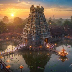 A majestic aerial view of Guruvayur Temple during sunrise, with golden rays illuminating its traditional Kerala-style architecture, featuring the distinctive four-sided golden temple dome adorned with intricate Dravidian designs. The temple's white and gold exterior walls showcase detailed Madhubani-style murals depicting Krishna leelas. In the foreground, devotees in traditional Kerala attire (men in white mundus, women in cream and gold kasavu sarees) form a peaceful queue leading to the temple entrance. The temple pond (koothambalam) reflects the morning sky in brilliant blues and oranges. Ethereal lotus flowers float on the water surface, emitting a subtle divine glow. Soft mist surrounds the temple base, creating a mystical atmosphere. Multiple oil lamps illuminate the temple premises, their flames creating a warm golden glow. Temple elephants adorned with traditional nettipattam (golden headdresses) stand majestically near the temple entrance. The scene is rendered in a style combining traditional Pattachitra art with modern digital aesthetics, emphasizing rich golds, deep crimsons, and peaceful blues. Intricate mandala patterns float in the sky like celestial decorations.