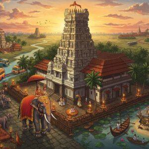 A majestic aerial view of Guruvayur Temple's golden-topped dwajasthambam and traditional Kerala architecture in rich maroon and white, surrounded by lush coconut palms. In the foreground, a beautifully decorated elephant adorned with traditional Kerala temple ornaments and parasol walks on a stone-paved path. The background features a dreamy, ethereal sunset sky in soft pastels of orange and pink, with intricate Madhubani-style cloud patterns. Multiple modes of transport are artistically represented through traditional Kerala boats in a nearby canal, vintage Kerala-style buses painted in vibrant colors, and a railway track curving through the landscape. Small, detailed vignettes show nearby attractions: the Punnathur Kotta elephant sanctuary with grazing elephants, the serene Mammiyur temple, and the pristine Chavakkad beach with fishing boats. The scene is enhanced with glowing diyas, floating lotus flowers, and streaming rays of golden light. The art style combines traditional Kerala mural art techniques with modern digital aesthetics, featuring rich, deep colors of maroon, gold, and peacock blue, with intricate patterns and cultural motifs.
