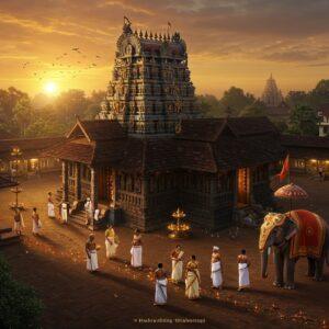 A majestic aerial view of Guruvayur Temple during sunrise, with golden rays illuminating its traditional Kerala-style architecture, featuring the distinctive four-sided sloping roof with gold-plated flagstaff. The temple's ornate structure is rendered in intricate Madhubani-style details, incorporating peacock blue and deep maroon colors. In the foreground, a stylized group of devotees in traditional Kerala attire - men wearing pristine white mundus and women in elegant cream and gold Kerala kasavu sarees - walking through the temple courtyard. The scene includes mystical elements like floating lotus flowers, glowing diyas, and swirling mandala patterns in the sky. The temple elephant, adorned with traditional golden nettipattam and decorative umbrellas, stands majestically near the temple entrance. The surrounding area shows modern guest houses and accommodation facilities rendered in a minimalist style, with warm, inviting lights. The overall composition combines photorealistic architecture with ethereal lighting and traditional Indian art elements, creating a serene and spiritual atmosphere with soft golden and saffron hues dominating the color palette.