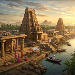 A majestic aerial view of Hampi's landscape during golden hour, featuring the iconic Virupaksha Temple rising from rust-colored boulder-strewn terrain. In the foreground, a beautifully detailed scene shows local women in traditional Karnataka style sarees (deep red and gold) selling bananas and flowers at a vibrant marketplace. The scene is adorned with intricately carved stone pillars and ancient ruins, their shadows creating dramatic patterns. A group of musicians play traditional instruments near a waterfront where coracle boats float on the Tungabhadra River. The lighting is warm and ethereal, with sun rays filtering through ancient stone archways. The art style combines hyperrealistic architectural details with Madhubani-inspired decorative elements in the sky and water. Stone carvings of elephants and mythological figures are visible in rich detail. The color palette features warm golds, terracotta reds, deep blues of the river, and lush greens of banana plantations. Small groups of travelers explore the scene, their modern attire contrasting with the ancient setting. The image should capture both the grandeur of the historical site and the living culture of contemporary Hampi.