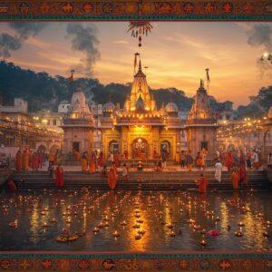 A majestic evening scene at Har Ki Pauri ghat in Haridwar, with ancient stone steps descending into the crystal-clear waters of the Ganges River. The famous golden footprint shrine illuminated with warm, divine light at the center. Multiple brass diyas and floating flowers create gleaming patterns on the water surface. In the foreground, devotees in traditional Indian attire (saffron, white, and gold) performing evening rituals. The background features ornate temples with intricate Nagara architecture style, their spires reaching into a twilight sky filled with swirling patterns of incense smoke. The scene is illuminated by hundreds of glowing diyas and the golden light of the setting sun, creating dramatic reflections on the river. Ethereal peacock-blue and deep saffron hues dominate the color palette. Detailed Madhubani-style patterns frame the scene, featuring sacred symbols like lotus flowers, conch shells, and rudraksha beads. The artwork should blend photorealistic elements with traditional Indian art motifs, creating a surreal and spiritual atmosphere. High-quality digital art with cinematic lighting and atmospheric depth.