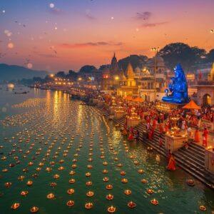 A stunning aerial view of Har Ki Pauri ghat at twilight, illuminated by thousands of glowing diyas floating on the emerald-green Ganges River, creating a mesmerizing pattern of golden light. Ancient stone steps descend into the sacred waters, adorned with intricate Madhubani-style patterns and motifs. In the foreground, a group of devotees in traditional Indian attire perform aarti with brass lamps, their silhouettes creating dramatic shadows. The massive Lord Shiva statue stands majestically, emanating a divine blue aura. The background features the magnificent Himalayan foothills bathed in sunset colors of saffron and deep purple. Ornate temples with golden spires rise along the riverbank, their architecture detailed in Pattachitra style. Swirling incense smoke creates ethereal patterns in the air, while lotus flowers float serenely on the water surface. The scene is rendered in a harmonious blend of photorealistic detail and mystical surrealism, with a color palette of deep blues, burning golds, and rich magentas. Soft glowing orbs of divine light scatter throughout the composition, suggesting spiritual energy.