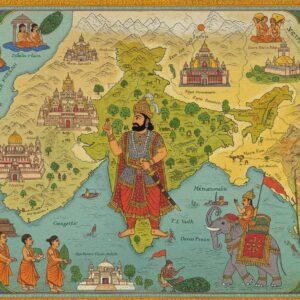 A majestic aerial view of ancient India depicted in traditional Madhubani style with modern digital aesthetics, showing the vast Harsha Empire territory outlined in gleaming gold borders. The map features intricate miniature illustrations of key landmarks - the grand Nalanda University with detailed architecture, Buddhist stupas, and flowing trade routes marked with caravans. Emperor Harsha, depicted as a regal figure in royal attire with a golden crown and jewels, stands prominently in the center, holding his sword and royal seal. The terrain transitions from the Himalayas in the north (rendered in cool blues and whites) to the fertile Gangetic plains (in rich greens and golds). Surrounding the map are detailed cultural vignettes - Buddhist monks in orange robes, Sanskrit scholars with palm leaf manuscripts, and warriors on decorated elephants. The corners feature ornate peacock motifs in deep blues and teals, while delicate lotus patterns in saffron and maroon frame the entire composition. The artwork combines traditional Indian artistic elements with a modern, sophisticated color palette and digital rendering techniques, creating a visually stunning representation of the empire's glory. The overall scene is illuminated with a warm, ethereal glow, suggesting the golden age of Indian history.