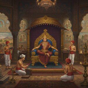 A majestic ancient Indian court scene set in a grand durbar hall with intricate Madhubani-style architectural details, featuring a Haryanka dynasty ruler seated on an ornate golden throne adorned with lotus motifs and peacock designs. The ruler wears rich maroon and gold royal attire with period-accurate jewelry. Around him, ministers in traditional white cotton uttariya and dhoti conduct administrative duties, some holding copper plate inscriptions and palm leaf manuscripts. The scene is illuminated by ornate bronze oil lamps, casting a warm golden glow. The walls showcase detailed Magadhan art patterns with scenes of daily life, trade, and warfare. In the foreground, craftsmen work on Buddhist sculptures and stupas, while traders exchange goods, representing the economic prosperity. The background reveals glimpses of fortified cities and agricultural fields through intricately carved windows. The color palette features deep royal blues, saffron, gold, and earth tones. The overall composition follows traditional Indian perspective with multiple narrative panels merged seamlessly, enhanced by surreal, glowing auras around key figures and mystical mandala patterns in the architecture. The scene captures both administrative efficiency and cultural richness with photorealistic details in a dreamy, ethereal style.