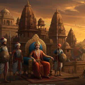A majestic ancient Indian palace complex in Magadha style architecture, with towering spires and intricate stone carvings, set against a dramatic sunset sky in deep saffron and gold. In the foreground, a powerful Indian ruler (dressed in royal clothes with golden embellishments, pearl necklaces, and a distinctive crown) sits on an ornate throne, flanked by two soldiers in traditional Magadhan armor holding spears and shields with ancient Magadha symbols. The scene includes period-accurate details like war elephants adorned with royal regalia in the background, ancient trade caravans, and Buddhist monasteries visible in the distance. The artwork combines Madhubani-style decorative patterns in the architecture with realistic character rendering. The lighting creates a golden hour effect, casting long shadows and highlighting the grandeur of the empire. Multiple levels of the palace show various activities - court proceedings, military training, and diplomatic meetings, creating a rich, layered composition. The color palette focuses on deep maroons, royal blues, and burnished golds, with intricate patterns inspired by ancient Indian art found in archaeological sites.