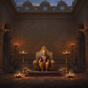 Ancient Indian palace courtyard at dusk, featuring a majestic Magadhan throne room with intricate Mauryan-style pillars and archways, illuminated by golden oil lamps. A powerful Indian ruler, wearing elaborate royal attire with golden crown and jewelry, sits on an ornate throne decorated with lion motifs. Behind him, a large detailed map of ancient Magadha empire carved on stone wall, highlighted with glowing metallic accents. In the foreground, soldiers in traditional armor stand guard with spears and shields bearing the dynasty's emblem. The scene includes period-accurate architectural details like lotus-carved columns and Buddhist symbols. Rich jewel tones of royal blue, deep crimson, and burnished gold dominate the palette. Soft ethereal light filters through ornate jali windows, creating dramatic shadows. Atmospheric elements include wisps of incense smoke and scattered lotus petals. Art style combines traditional Madhubani patterns in the architectural details with modern digital fantasy aesthetics, maintaining historical accuracy while creating visual drama.