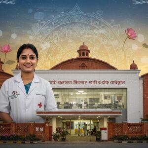 A modern, pristine hospital facade in Bardhaman with traditional Bengali architectural elements, featuring ornate terracotta work and curved Bengali-style rooflines merged with contemporary glass and steel structure. In the foreground, a compassionate Indian female doctor in a white coat stands with a warm, welcoming smile, wearing a traditional bindi and elegant gold jewelry. Behind her, through large glass windows, a sophisticated medical facility is visible with state-of-the-art equipment and caring medical staff attending to patients. The scene is illuminated by soft, healing golden light, with a large, subtle mandala pattern in soothing blues and whites forming a halo effect behind the building. Floating lotus flowers and modern medical symbols blend seamlessly in the composition. The color palette combines sterile whites and blues with warm, earthy Bengali terracotta tones. Traditional Madhubani-style decorative elements frame the scene, featuring intricate patterns of medical herbs and healing plants. The overall atmosphere conveys both professional medical excellence and cultural warmth, rendered in a hyper-realistic digital art style with subtle surreal elements.