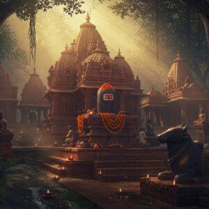 A mystical ancient Shiva temple complex emerging from morning mist, built in traditional Nagara architecture style with intricate sandstone carvings and multiple shikhara towers reaching skyward. The main temple features a massive stone lingam adorned with marigold garlands and vermillion. Sacred Nandi statue in black stone sits in the foreground, partially covered in moss. Ethereal golden light streams through the mist, creating dramatic god rays. Dense forest surrounds the temple with ancient banyan trees whose aerial roots frame the scene. Small oil lamps line the stone steps leading to the temple, their flames creating warm orange glows. Traditional Madhubani-style patterns and motifs are subtly integrated into the temple's architecture. The scene is rendered in rich, deep colors - burgundy, deep blue, and gold, with a surreal, dreamy quality. Several peaceful stone sculptures of meditating yogis are placed along the temple walls. Small streams of water flow around the temple base, reflecting the golden morning light. The entire scene should have a serene yet mysterious atmosphere, balancing photorealistic architectural details with spiritual ambiance.