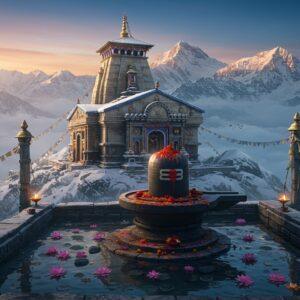 A majestic ancient Shiva temple perched on a snow-capped Himalayan peak at sunrise, its traditional North Indian temple architecture detailed with intricate stone carvings. The temple's golden spire emerges through swirling mountain mists, with the first rays of dawn creating a divine halo around it. In the foreground, a massive Shiva lingam made of natural black stone, adorned with fresh flowers and vermillion, with crystal-clear water from a mountain spring flowing over it. The scene is complemented by prayer flags fluttering in the wind, and floating lotus flowers in a sacred pool reflecting the temple. Tibetan prayer lamps cast a warm golden glow, creating dramatic shadows on the ancient stone walls. The color palette includes deep blues of early morning sky, golden sunlight, pristine white snow, and earthy stone textures. The art style combines hyperrealistic digital painting with traditional Himalayan Buddhist and Hindu artistic elements, creating an atmosphere of profound spirituality and timeless wisdom. The scene is captured in a cinematic wide-angle view with atmospheric perspective showing multiple layers of misty mountain ranges in the background.