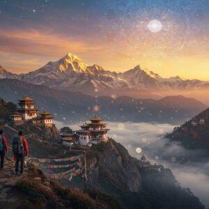 A serene panoramic view of snow-capped Himalayan peaks at sunrise, with golden-orange rays illuminating ancient stone temples perched on cliffsides. In the foreground, two Indian trekkers (male and female) in modern hiking gear with traditional prayer beads, standing on a winding mountain path decorated with colorful prayer flags. The scene features a large, ethereal mandala floating in the misty sky, rendered in glowing whites and blues. Traditional Tibetan architectural elements blend with mystical elements like floating lotus flowers and swirling energy patterns. The landscape includes prayer wheels, small stupas, and distant monasteries nestled in the mountains. The color palette combines earthly browns and greys of the mountains with spiritual golds, deep magentas, and celestial blues. The art style merges photorealistic mountain landscapes with ethereal Indian traditional art patterns, creating a dreamlike quality. Soft glowing orbs of light scatter throughout the scene, suggesting divine presence. The atmosphere captures both the adventure of trekking and the spiritual essence of the Himalayas.