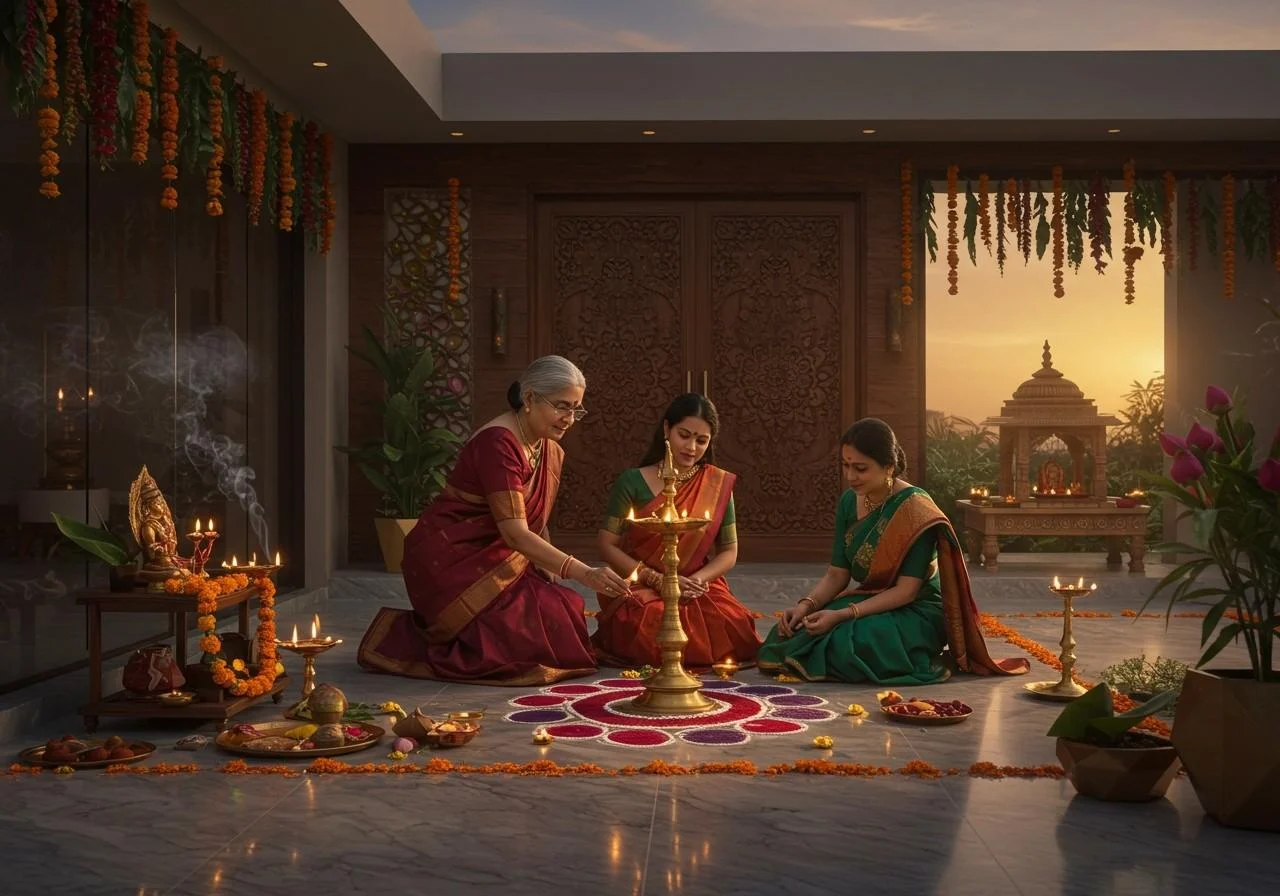 A depiction of various elements of Hindu culture and rituals