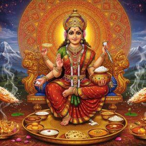 A majestic depiction of Goddess Annapoorna seated on a golden lotus throne, with four arms - her right hands holding a jewel-studded golden spoon and a sacred text, left hands holding a pot of rice and a blue lotus. She wears a rich crimson silk saree with gold border, adorned with elegant temple jewelry. Behind her, a massive ornate mandala in deep saffron and gold emanates divine light. The foreground shows a traditional brass thali with various traditional Indian dishes arranged in a circular pattern, steam rising mystically. Floating rice grains and lotus petals surround the scene, creating a ethereal atmosphere. Mount Kailash appears in the background, rendered in soft blues and whites. The scene is illuminated by warm, divine light with subtle sparkles. Traditional Madhubani-style border patterns frame the scene, featuring intricate food motifs in gold and deep maroon. The overall composition combines hyperrealistic details with spiritual symbolism, creating a serene yet powerful atmosphere that emphasizes the sacred connection between food and divinity.