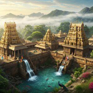 A majestic aerial view of Horanadu temple complex nestled in the lush Western Ghats, with misty mountains in the background. The ornate temple architecture features traditional Dravidian style with golden gopuram reflecting morning sunlight. In the foreground, a cascading waterfall flows into a crystal-clear pool surrounded by vibrant tropical flowers and ancient stone steps. The scene is enhanced by soft morning fog creating ethereal atmosphere, with rays of sunlight filtering through towering trees. The color palette includes deep forest greens, golden temple hues, and the turquoise blue of the waterfall pool. Several peacocks are perched on temple walls, their feathers adding jewel tones to the scene. Small groups of pilgrims in traditional attire are seen climbing the temple steps. The scene is rendered in a fusion of hyperrealistic digital art with traditional Indian Madhubani patterns in the sky and water elements. The lighting creates a magical atmosphere with golden hour warmth, while maintaining photorealistic details of the architecture and nature elements. The composition should emphasize the grandeur of both nature and architecture, creating a sense of spiritual serenity and adventure.
