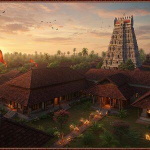 A majestic aerial view of the ancient Kodungallur Bhagavathy Temple complex at golden hour, with its traditional Kerala architecture and towering gopuram illuminated by warm sunlight. In the foreground, a modern boutique hotel with Malayalam-style architecture, featuring sloping terracotta-tiled roofs, wooden pillars, and a serene courtyard with a lotus pond. The scene is rendered in a blend of Madhubani and digital art styles, with intricate patterns adorning the borders. The color palette includes deep maroon, burnished gold, and peaceful teals. Small traditional Kerala-style cottages and guest houses dot the landscape, connected by peaceful palm-lined pathways. Ethereal light streams through coconut trees, creating a magical atmosphere. In the distance, the temple's golden flagstaff glistens against a pastel sunset sky filled with soft clouds. The scene includes subtle details like oil lamps, fresh jasmine garlands, and traditional Kerala-style welcome elements, all rendered in a sophisticated, contemporary aesthetic that bridges ancient spirituality with modern comfort.
