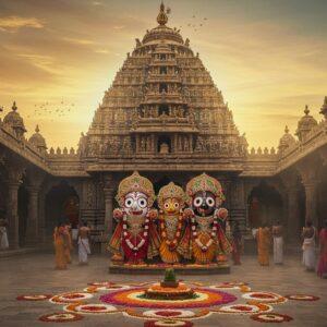 A majestic temple architecture in South Indian Dravidian style with ornate gopuram rising against a mystical dawn sky with soft golden and saffron hues. Lord Jagannath, with his large circular eyes and enigmatic smile, stands prominently in the center, flanked by Lord Balabhadra and Devi Subhadra, their traditional forms detailed in the characteristic Puri style with vibrant colors - black for Jagannath, white for Balabhadra, and yellow for Subhadra. The deities are adorned with elaborate flower garlands and silk vastrams in rich colors. The foreground features an intricate rangoli pattern made with flowers in white, orange, and yellow, incorporating both Odisha and Telugu artistic elements. Soft, ethereal light streams through temple windows, creating divine light beams. The scene includes devotees in traditional attire performing parikrama, their forms slightly blurred to create movement. The temple courtyard shows traditional Odiya architectural elements merged with Deccani Islamic influences, reflecting Hyderabad's unique cultural fusion. The entire composition is rendered in a style combining traditional Indian Pattachitra art with modern digital aesthetics, featuring rich, deep colors of maroon, peacock blue, and gold, with intricate patterns and cultural motifs. Atmospheric perspective with subtle fog adds depth and mysticism.