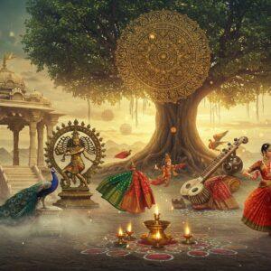 A grand, ethereal scene showcasing multiple layers of Indian cultural elements floating in a magical space, centered around a large, ornate golden mandala. In the foreground, a classical Indian dancer in vibrant red and gold Bharatanatyam costume performs a graceful pose against floating Madhubani-style peacocks. To the left, an intricately detailed marble temple structure with carved pillars emerges from swirling mists. On the right, geometric patterns inspired by Islamic architecture blend seamlessly into traditional rangoli designs. The middle ground features floating artifacts: a bronze classical Nataraja statue, colorful silk saris with zari work, and traditional musical instruments like sitar and tabla. The background shows a massive banyan tree with roots transforming into flowing rivers of mehendi patterns. Soft glowing orbs of light in saffron, white, and green illuminate the scene. The art style combines hyperrealistic rendering with magical surrealism, featuring rich jewel tones, metallic highlights, and ethereal lighting effects. Elements of Rajasthani miniature paintings blend with contemporary digital art techniques, creating depth and dimension.