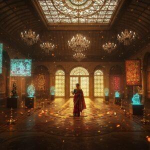 A grand, ethereal museum hall with soaring glass ceilings and intricate Madhubani-style patterns etched on marble floors, bathed in golden sunlight streaming through ornate jali windows. In the foreground, an elegant Indian woman in a contemporary silk saree (deep peacock blue with gold border) guides visitors through exhibits. The hall features a seamless blend of classical and modern art - floating holographic miniature paintings, illuminated Chola bronzes on pedestals emitting soft azure halos, vibrant contemporary installations inspired by Warli art, and massive traditional Pattachitra scrolls suspended in mid-air. The walls showcase a gradient from ancient cave paintings to modern digital art. Crystal chandeliers cast prismatic patterns while traditional brass diyas create warm pools of light. Lotus motifs in gold and copper emerge from corners, while a large mandala-shaped skylight creates a kaleidoscopic effect on the floor. The scene is rendered in rich, deep colors (maroon, saffron, turquoise) with photorealistic details and magical realism elements. The atmosphere combines museum sophistication with spiritual tranquility, featuring subtle particle effects of golden light dust and floating flower petals.