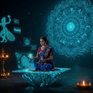 A stunning digital tableau merging traditional and futuristic elements: a young Indian woman in a contemporary designer saree (deep peacock blue with golden border) sits in padmasana pose on a floating transparent crystal platform. She's working on a holographic interface displaying Madhubani art patterns. Around her, traditional Indian art motifs (peacocks, lotus flowers, elephants) transform into glowing digital wireframes. The background features a large, intricate mandala made of circuit board patterns in gold and electric blue. Swirling light particles form the shapes of classical Indian dancers. The scene is illuminated by both warm golden temple lamps and cool blue tech lights. The color palette combines deep indigos, burnished golds, and electric teals. Floating screens show snippets of Warli art being digitally rendered. The entire scene is rendered in a style blending high-tech digital art with traditional Pattachitra techniques, creating a seamless fusion of ancient and modern aesthetics. The atmosphere is serene yet dynamic, with subtle sacred geometry patterns weaving throughout.