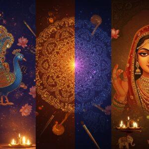 A mesmerizing split-frame composition showcasing diverse Indian art forms merging seamlessly. On the left, a traditional Madhubani peacock in vibrant blues and golds transforms into a modern digital interpretation. The center features an intricate mandala transitioning from traditional red-oxide Warli art to contemporary neon-gradient patterns. On the right, a Rajasthani miniature painting style portrait of an Indian woman with detailed jewelry morphs into pixel art. The background shows floating paintbrushes, swirling color palettes, and golden sacred geometry patterns. Traditional motifs like lotus flowers, elephants, and paisley designs float ethereally across the canvas. The scene is illuminated by warm, diffused light creating a dreamy atmosphere. The color palette includes deep indigo, burnt orange, royal gold, peacock blue, and earthy reds. The art style combines hyperrealistic digital rendering with traditional Indian art techniques, creating a surreal and inviting visual that bridges ancient and modern aesthetics. Soft particle effects and subtle sacred geometry patterns add depth and movement to the composition.